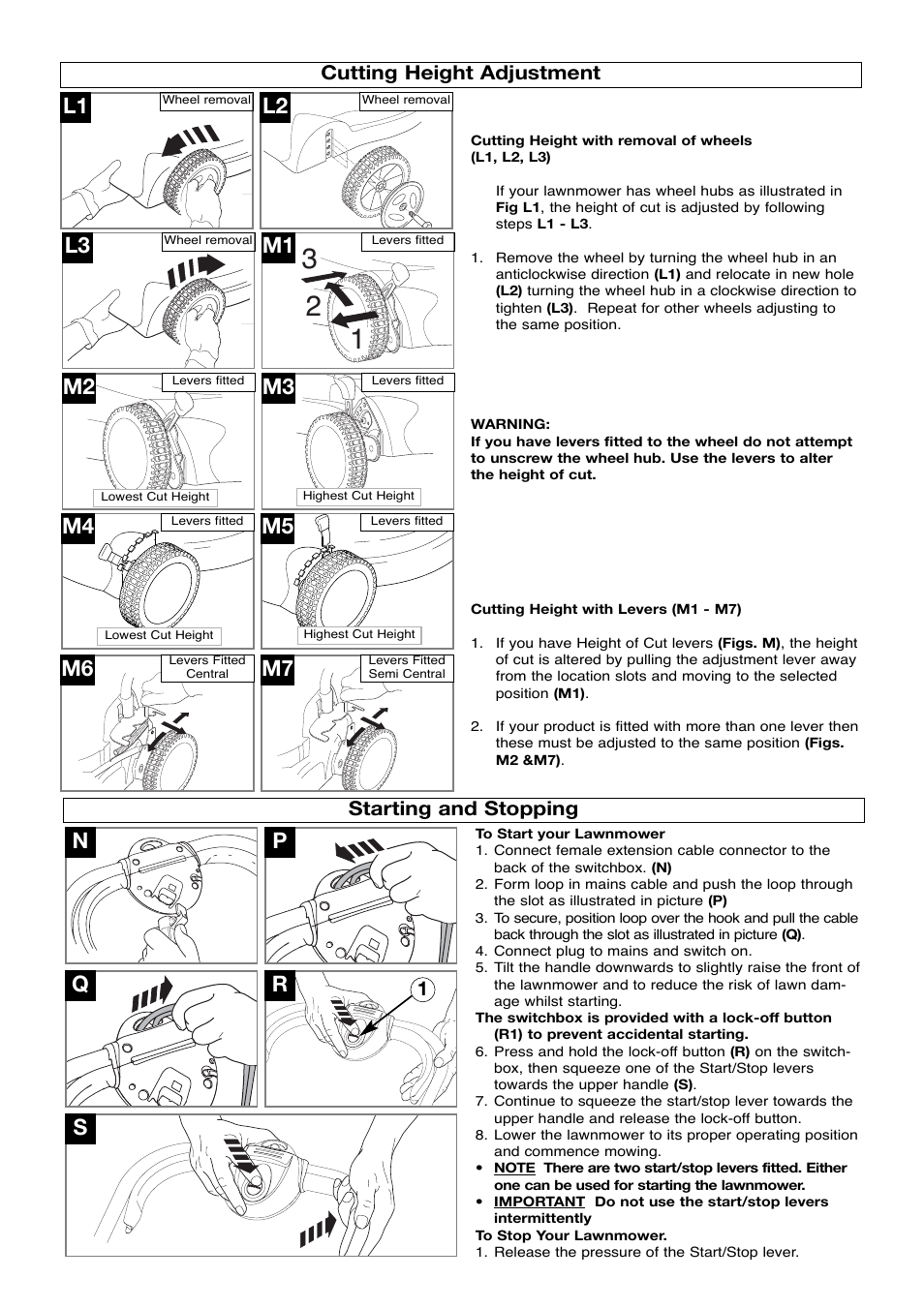 Cutting height adjustment, Starting and stopping, L1 l2 l3 | Pr s q, Cutting height adjustment starting and stopping | Flymo Venturer 370 RE420c User Manual | Page 5 / 8