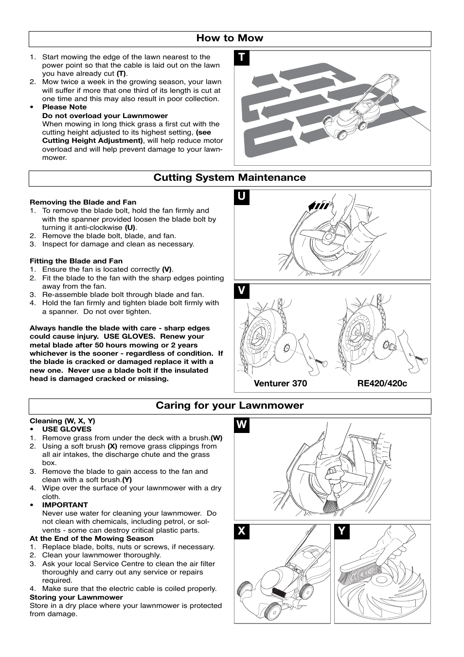 How to mow, Cutting system maintenance, Caring for your lawnmower | Wx y | Flymo Venturer 370 RE420c User Manual | Page 6 / 8