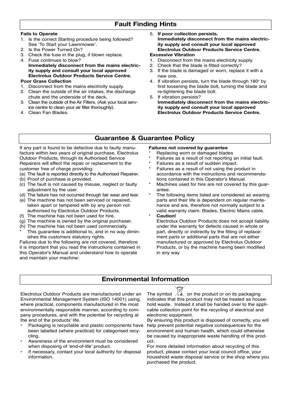 Fault finding hints, Guarantee & guarantee policy, Environmental information | Flymo Venturer 370 RE420c User Manual | Page 7 / 8