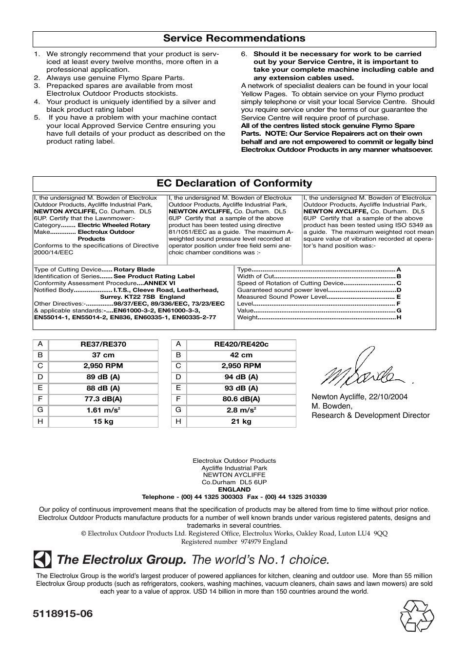 Service recommendations, Ec declaration of conformity, The electrolux group. the world’s no.1 choice | Flymo Venturer 370 RE420c User Manual | Page 8 / 8