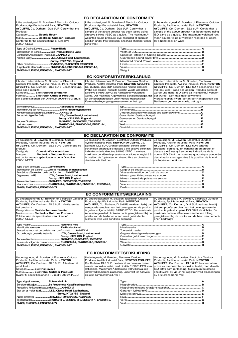 Ec declaration of conformity, Ec konformitätserklärung, Ec konformitetserklæring | Flymo ROLLER COMPACT 400 User Manual | Page 5 / 9