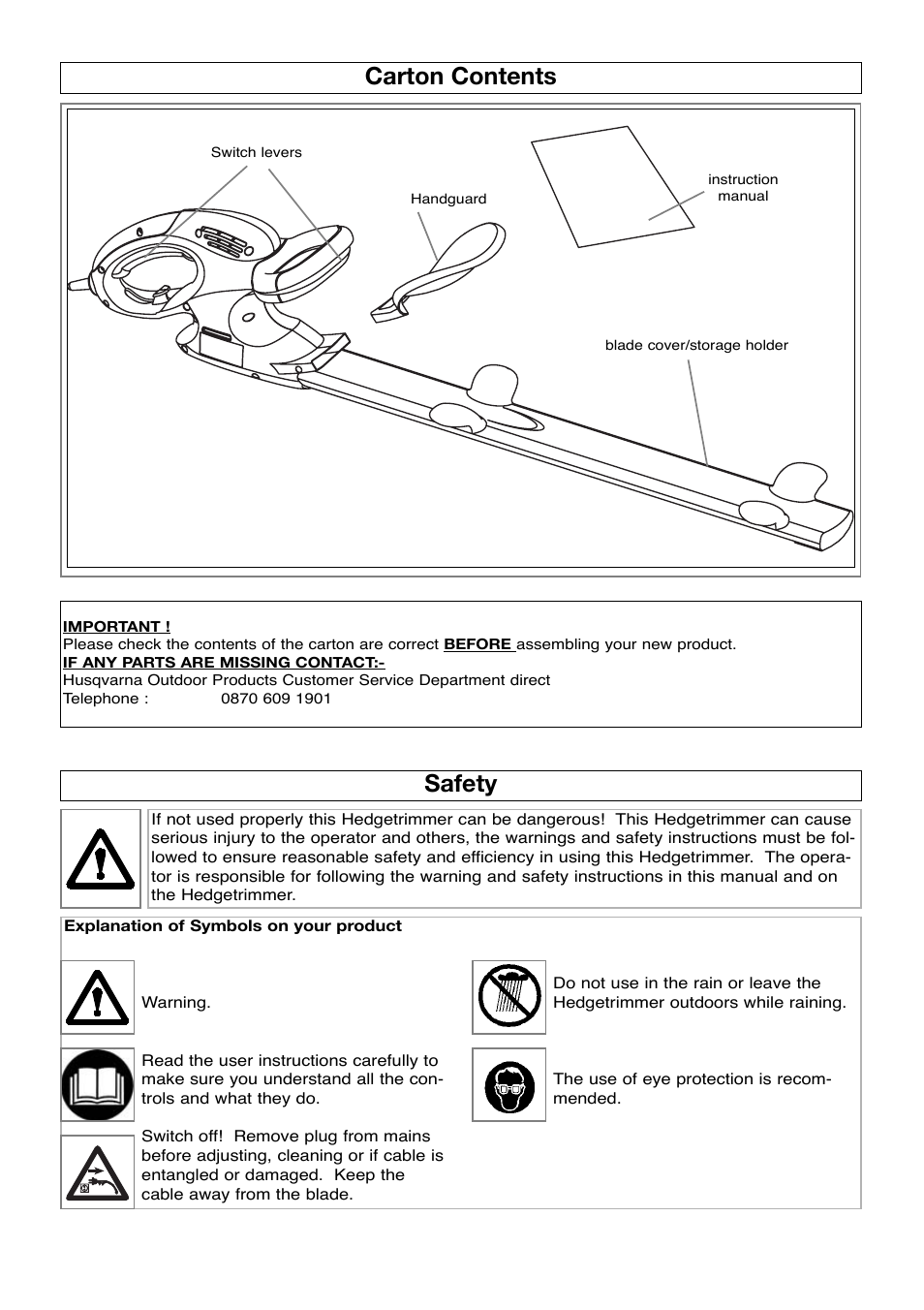 Carton contents, Safety | Flymo HT600 User Manual | Page 2 / 8