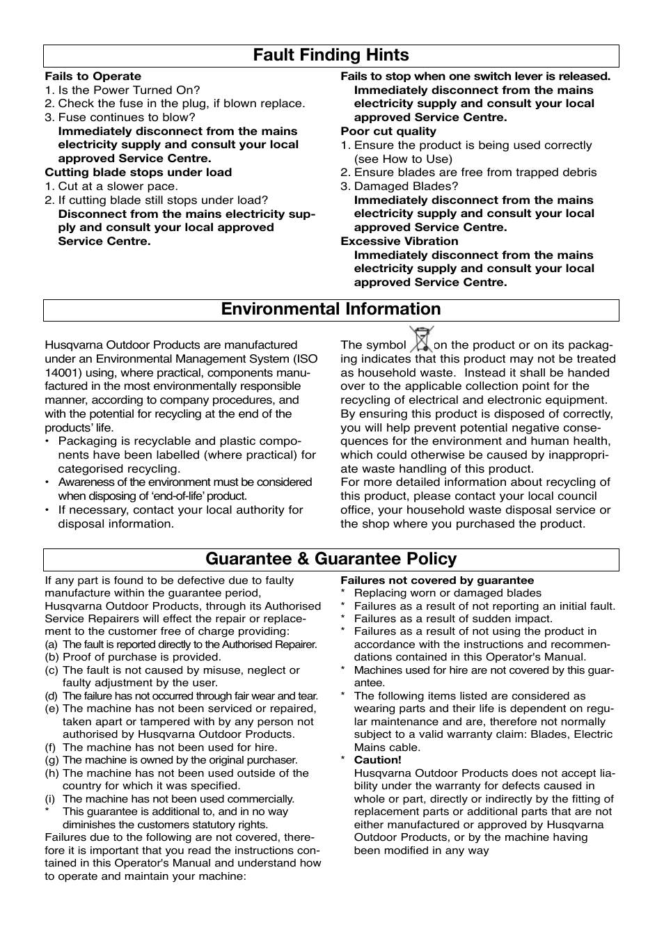 Fault finding hints, Environmental information, Guarantee & guarantee policy | Flymo HT600 User Manual | Page 7 / 8
