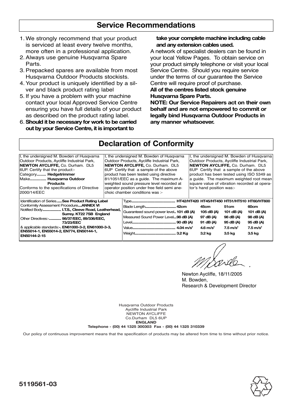 Service recommendations, Declaration of conformity | Flymo HT600 User Manual | Page 8 / 8