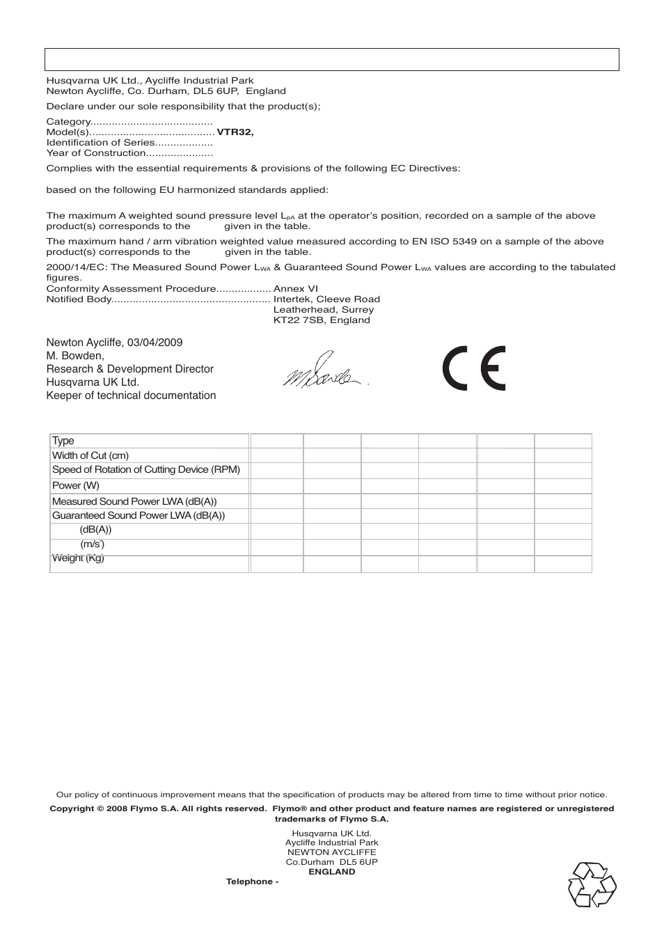 Ec declaration of conformity | Flymo VENTURER 32 EM032 User Manual | Page 10 / 10