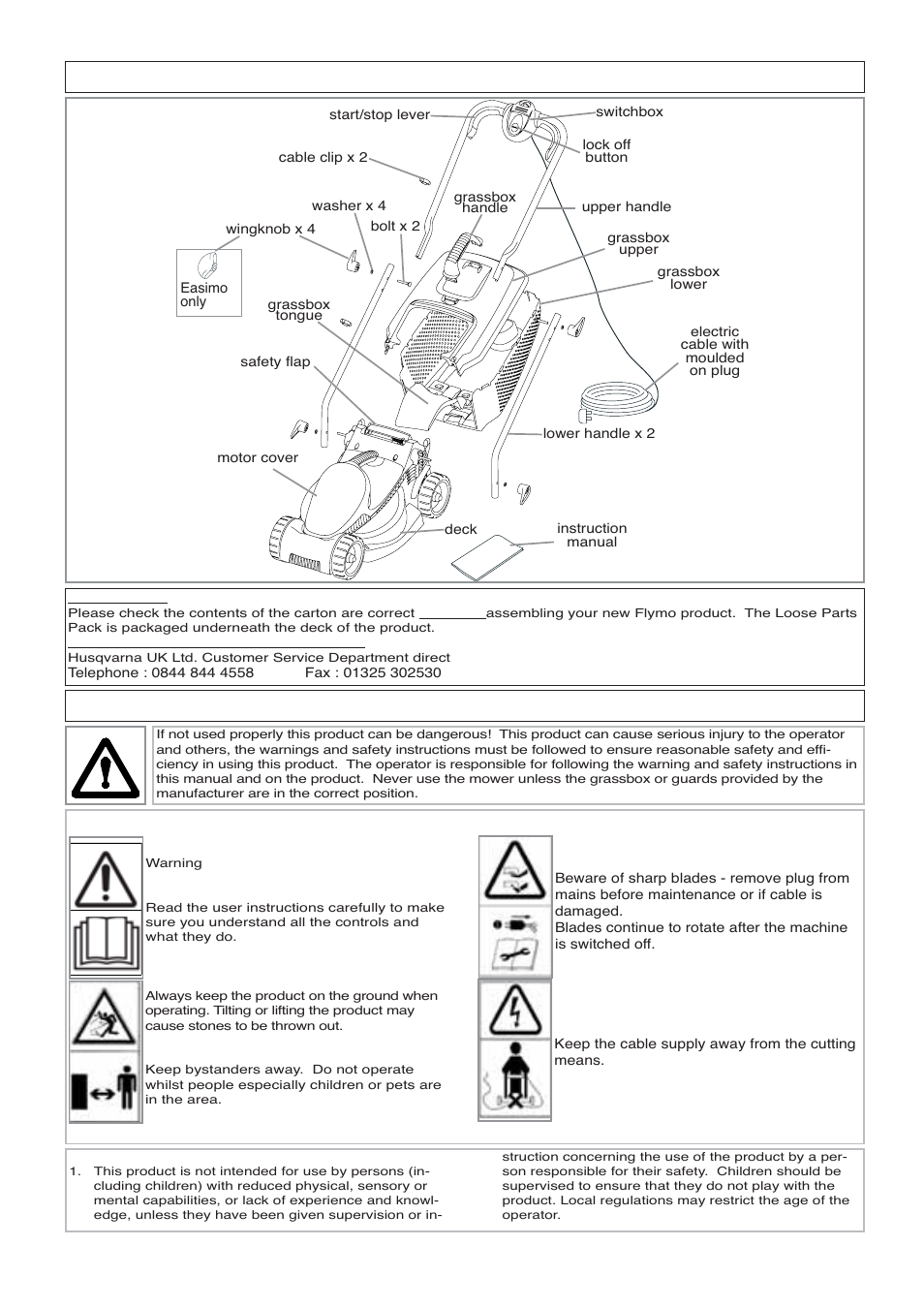 Carton contents, Safety | Flymo VENTURER 32 EM032 User Manual | Page 2 / 10