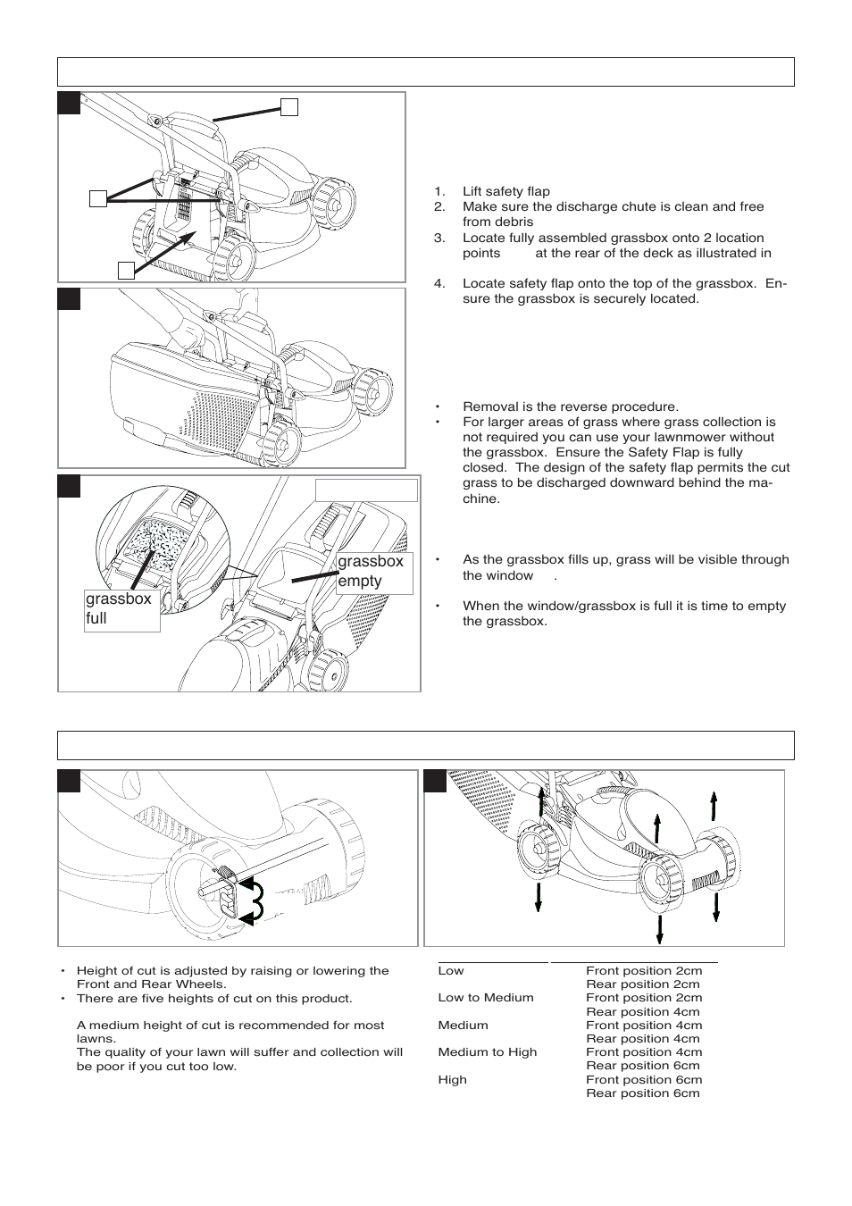 Grassbox j, Cutting height adjustment | Flymo VENTURER 32 EM032 User Manual | Page 5 / 10