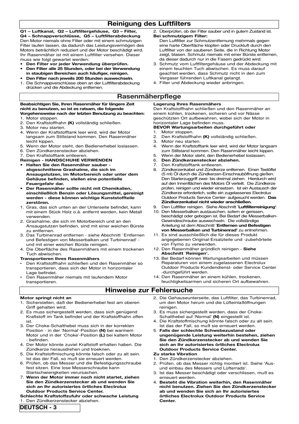 Rasenmäherpflege, Reinigung des luftfilters, Hinweise zur fehlersuche | Deutsch - 3 | Flymo XL550 User Manual | Page 10 / 40