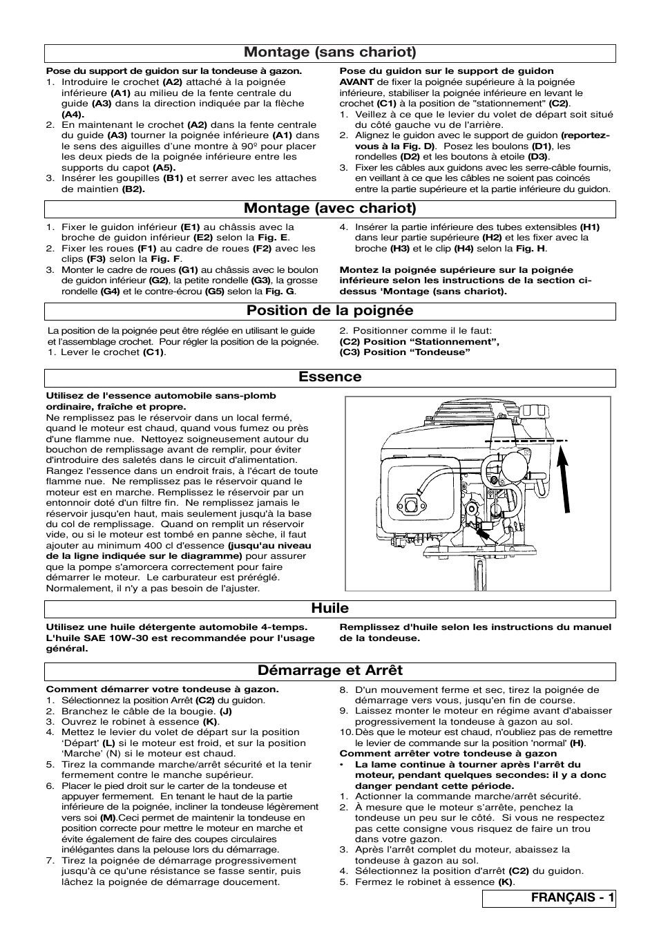 Montage (sans chariot), Montage (avec chariot) essence, Position de la poignée démarrage et arrêt | Huile, Français - 1 | Flymo XL550 User Manual | Page 11 / 40