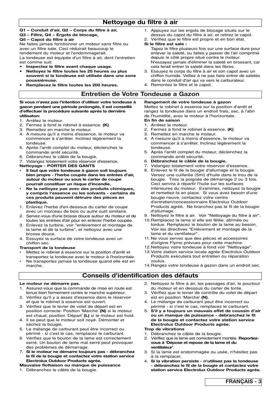 Entretien de votre tondeuse a gazon, Nettoyage du filtre à air, Conseils d’identification des défauts | Français - 3 | Flymo XL550 User Manual | Page 13 / 40