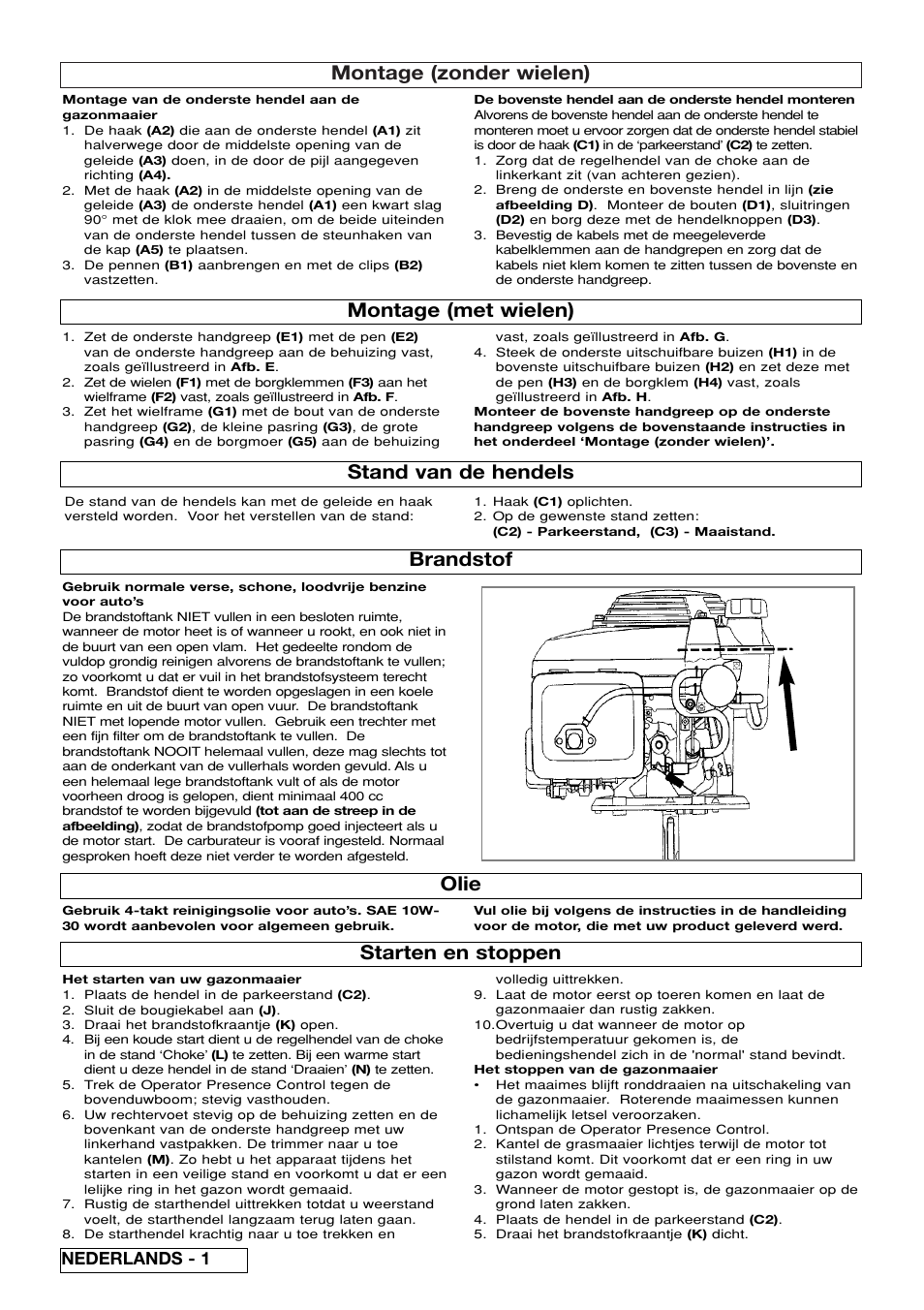 Montage (zonder wielen), Montage (met wielen) brandstof, Stand van de hendels starten en stoppen | Olie, Nederlands - 1 | Flymo XL550 User Manual | Page 14 / 40