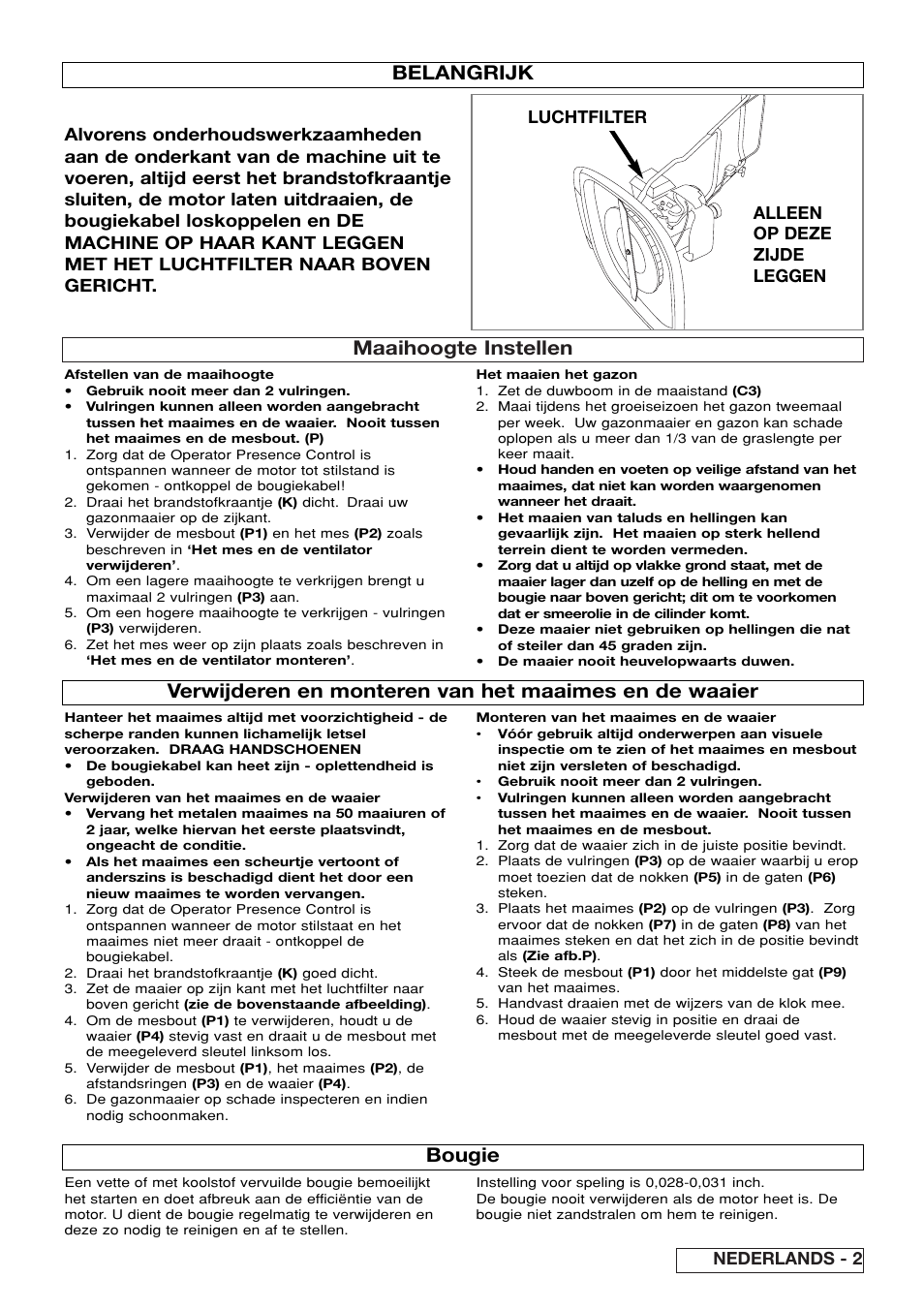 Maaihoogte instellen, Belangrijk, Bougie | Nederlands - 2 | Flymo XL550 User Manual | Page 15 / 40