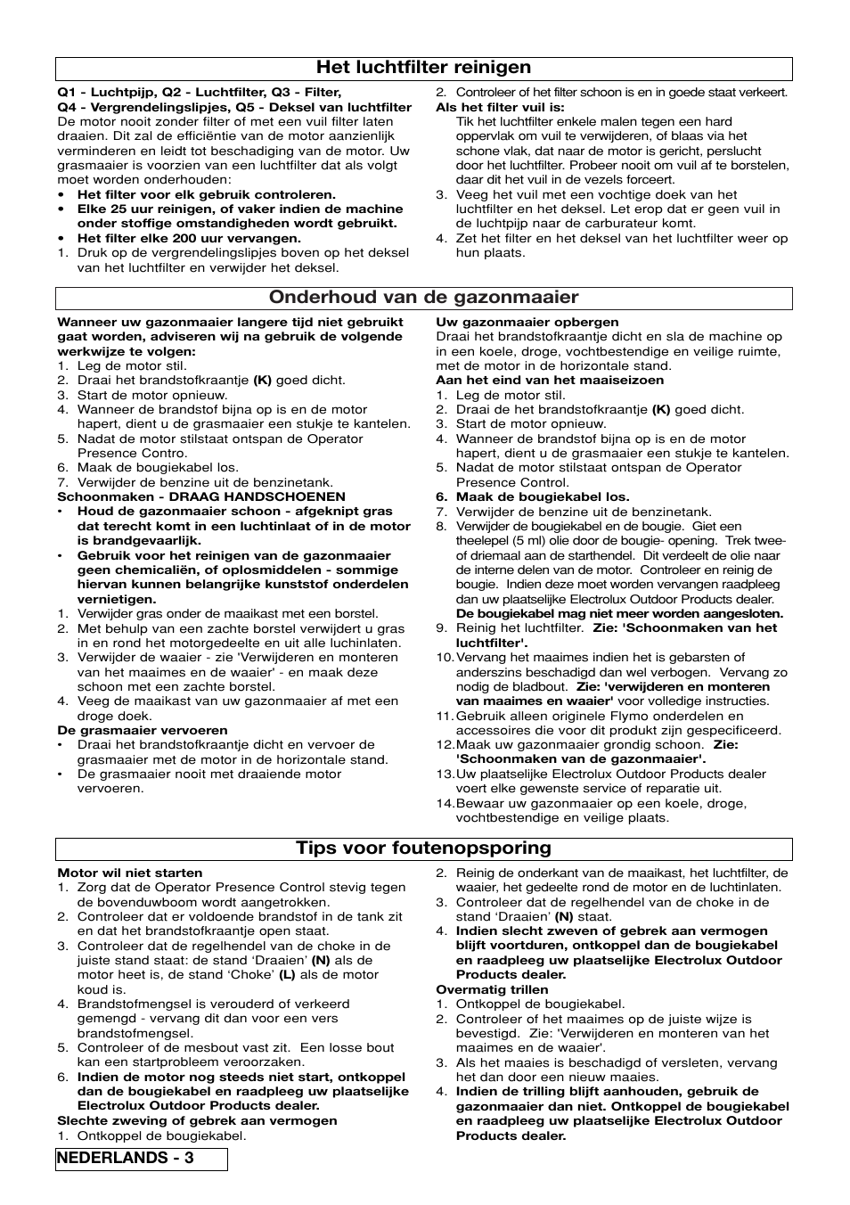 Onderhoud van de gazonmaaier, Het luchtfilter reinigen, Tips voor foutenopsporing | Nederlands - 3 | Flymo XL550 User Manual | Page 16 / 40