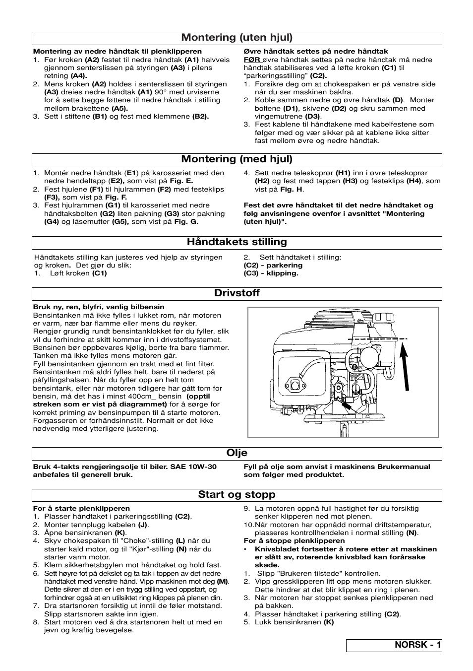 Montering (uten hjul), Montering (med hjul) drivstoff, Håndtakets stilling start og stopp | Olje, Norsk - 1 | Flymo XL550 User Manual | Page 17 / 40