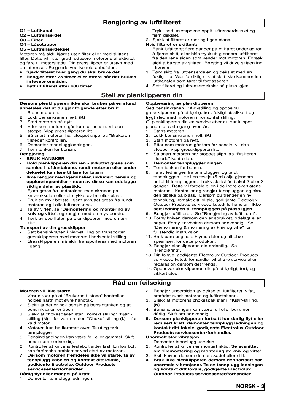 Stell av plenklipperen din, Rengjøring av luftfilteret, Råd om feilsøking | Norsk - 3 | Flymo XL550 User Manual | Page 19 / 40