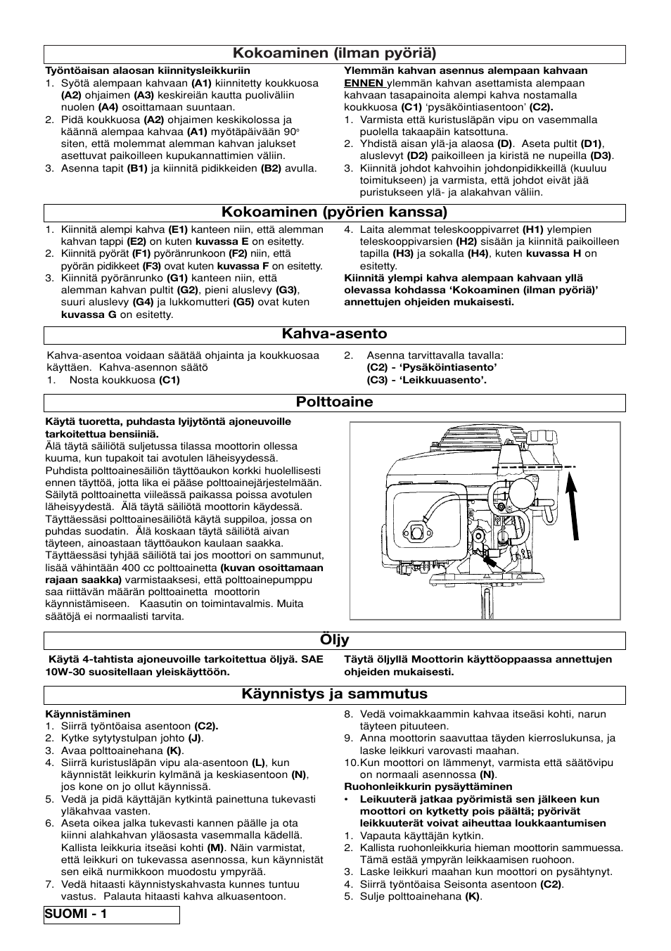 Kokoaminen (ilman pyöriä), Kokoaminen (pyörien kanssa) polttoaine, Kahva-asento käynnistys ja sammutus | Öljy, Suomi - 1 | Flymo XL550 User Manual | Page 20 / 40