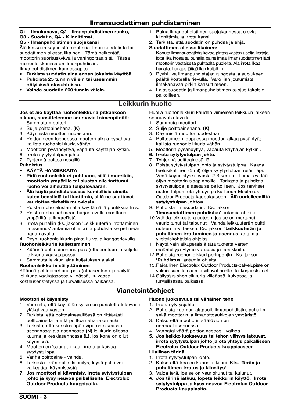 Leikkurin huolto, Ilmansuodattimen puhdistaminen, Vianetsintäohjeet | Suomi - 3 | Flymo XL550 User Manual | Page 22 / 40