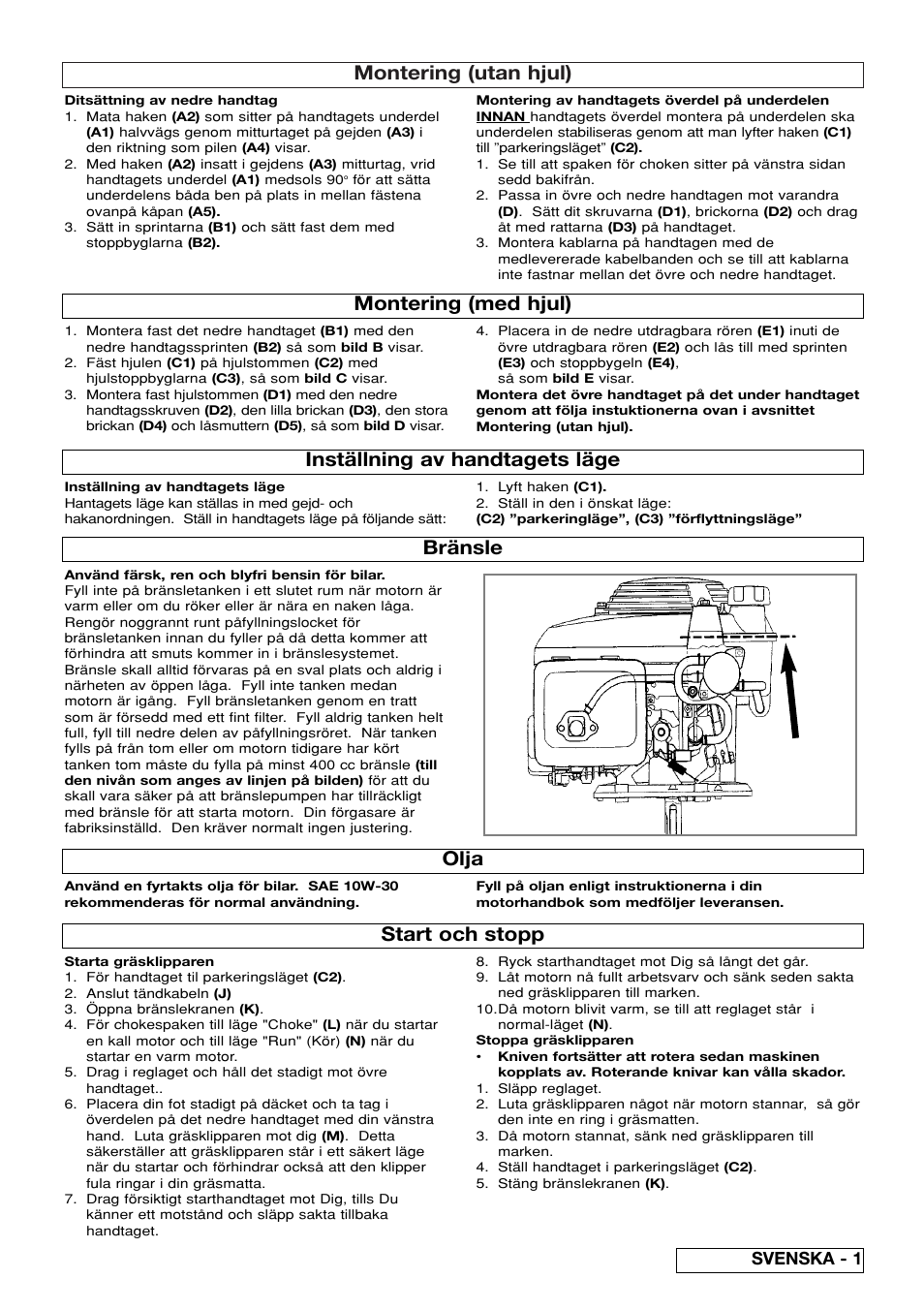 Montering (utan hjul), Montering (med hjul) bränsle, Inställning av handtagets läge start och stopp | Olja, Svenska - 1 | Flymo XL550 User Manual | Page 23 / 40