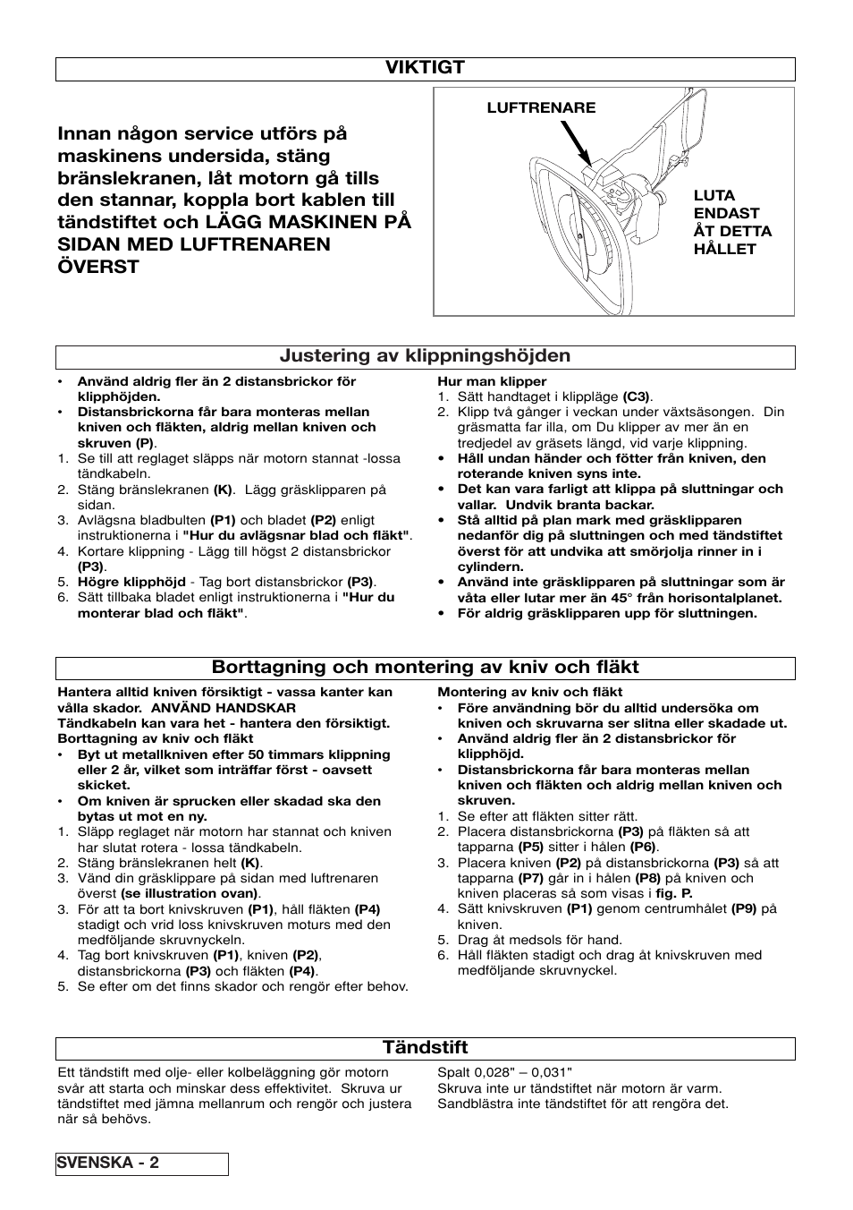 Justering av klippningshöjden, Borttagning och montering av kniv och fläkt, Tändstift | Svenska - 2 | Flymo XL550 User Manual | Page 24 / 40