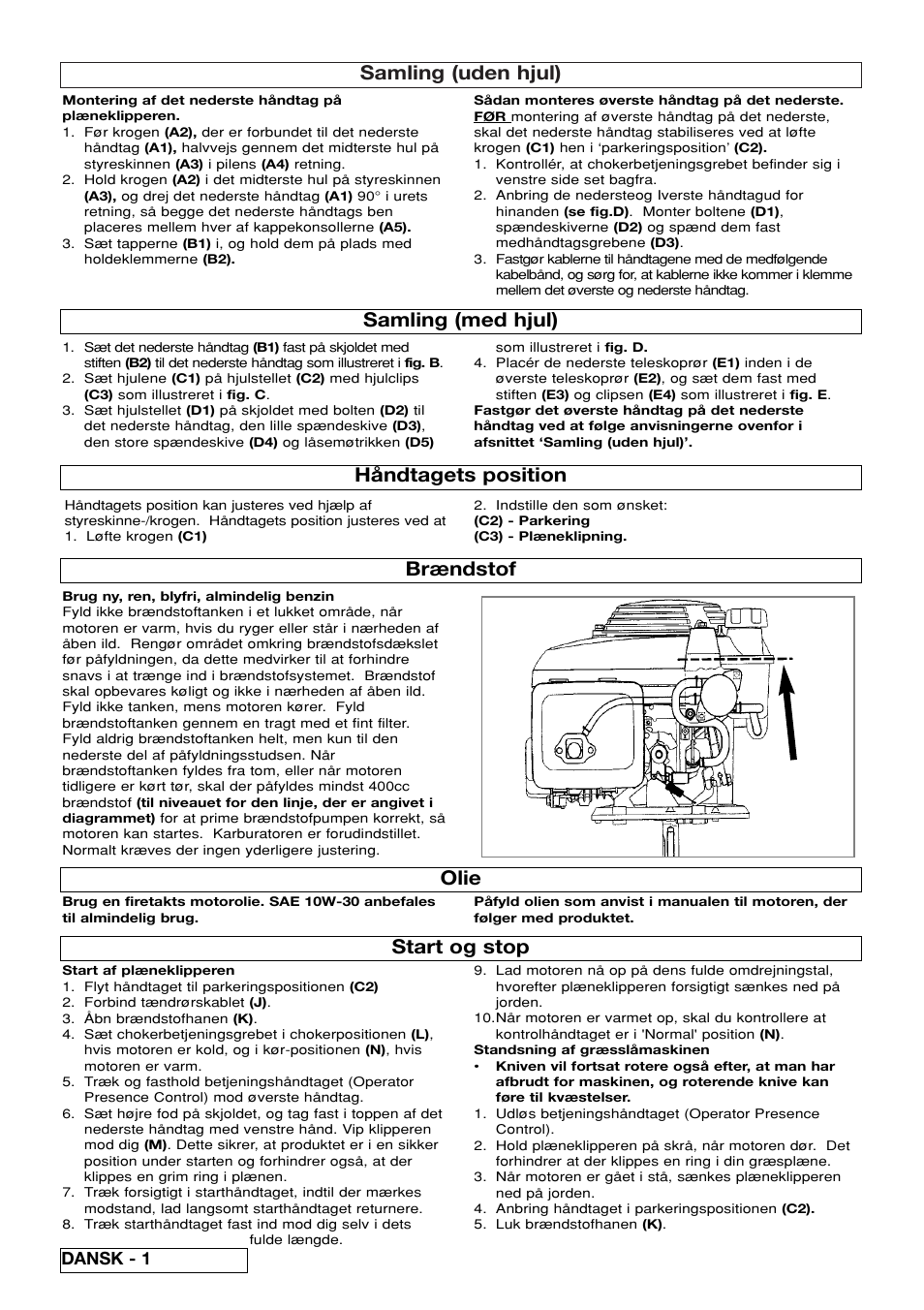 Samling (uden hjul), Samling (med hjul) brændstof, Håndtagets position start og stop | Olie, Dansk - 1 | Flymo XL550 User Manual | Page 26 / 40
