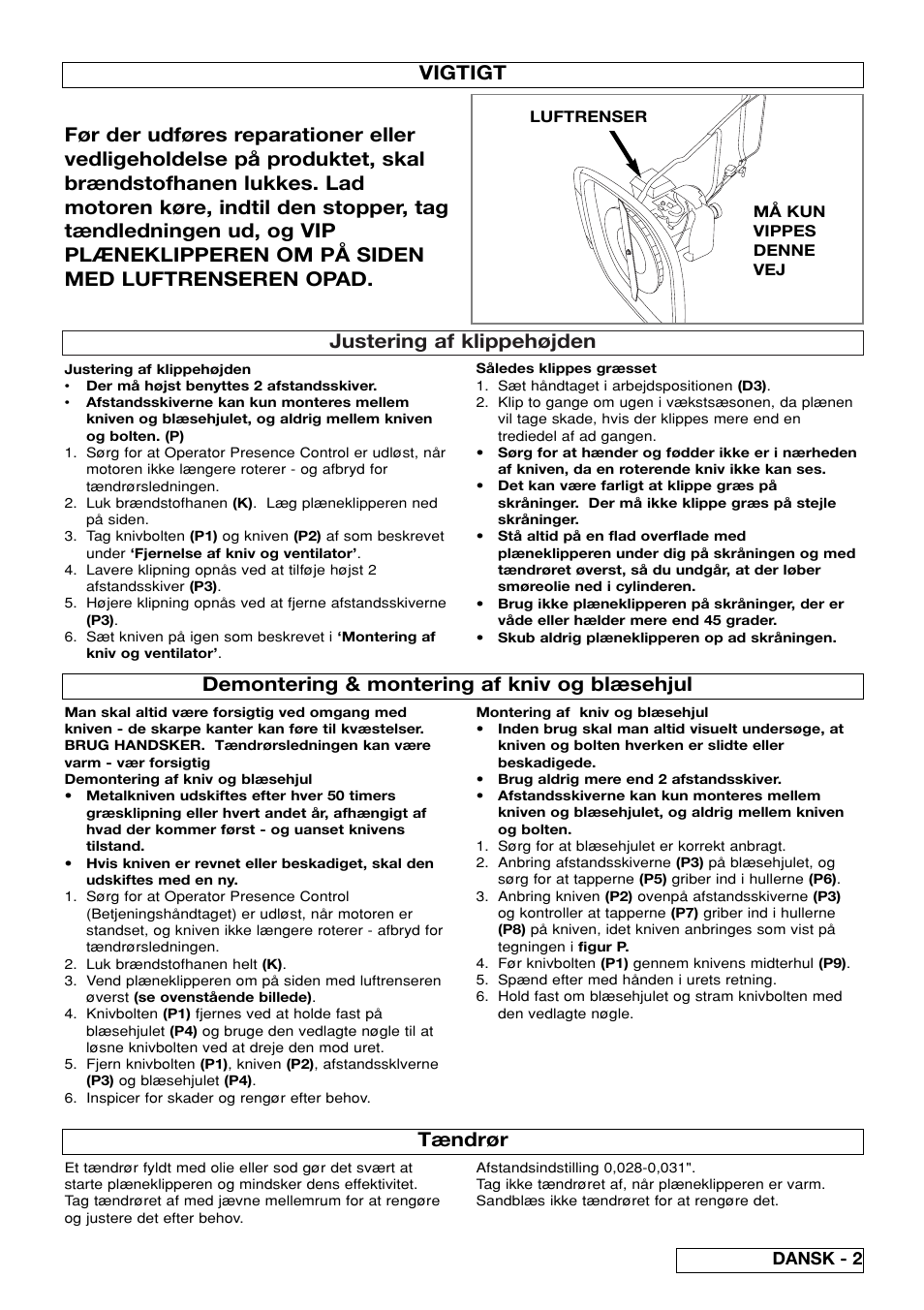 Justering af klippehøjden, Demontering & montering af kniv og blæsehjul, Tændrør | Dansk - 2 | Flymo XL550 User Manual | Page 27 / 40
