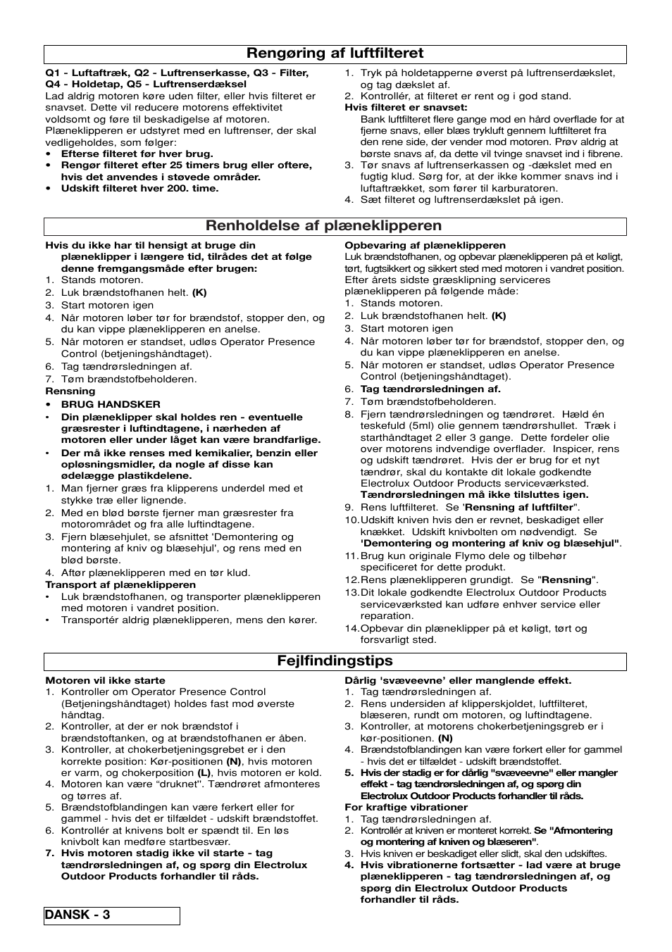 Renholdelse af plæneklipperen, Rengøring af luftfilteret, Fejlfindingstips | Dansk - 3 | Flymo XL550 User Manual | Page 28 / 40