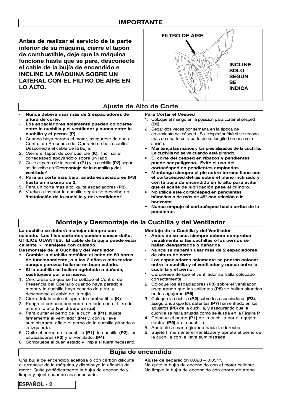 Ajuste de alto de corte, Importante, Bujía de encendido | Español - 2 | Flymo XL550 User Manual | Page 30 / 40