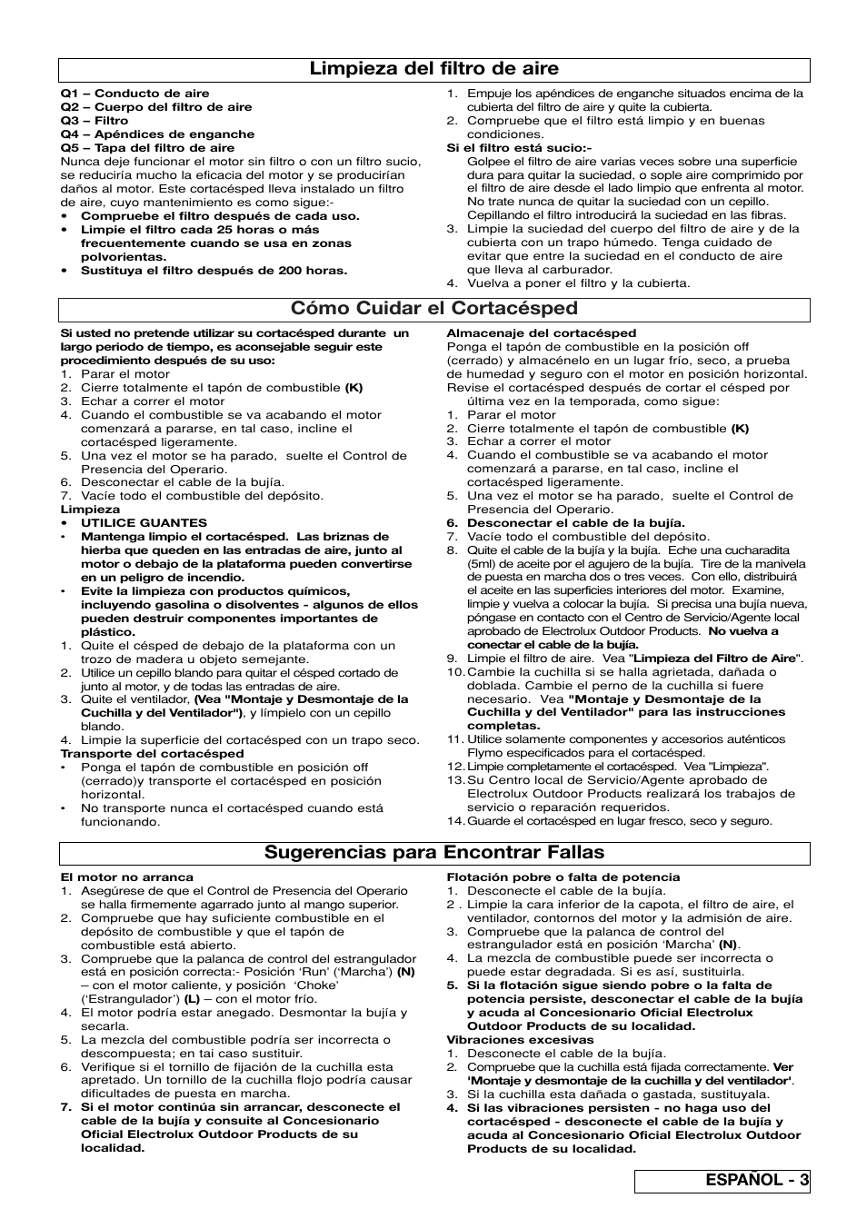 Cómo cuidar el cortacésped, Limpieza del filtro de aire, Sugerencias para encontrar fallas | Español - 3 | Flymo XL550 User Manual | Page 31 / 40