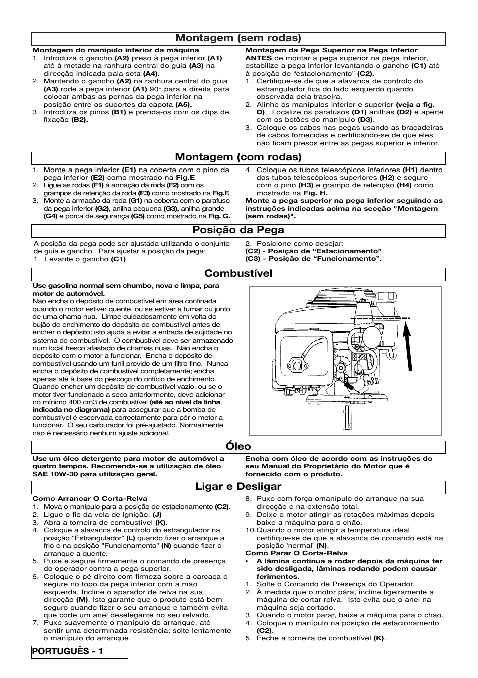 Montagem (sem rodas), Montagem (com rodas) combustível, Posição da pega ligar e desligar | Óleo, Português - 1 | Flymo XL550 User Manual | Page 32 / 40