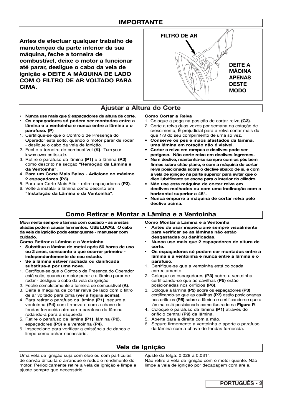 Ajustar a altura do corte, Como retirar e montar a lâmina e a ventoinha, Importante | Vela de ignição, Português - 2 | Flymo XL550 User Manual | Page 33 / 40