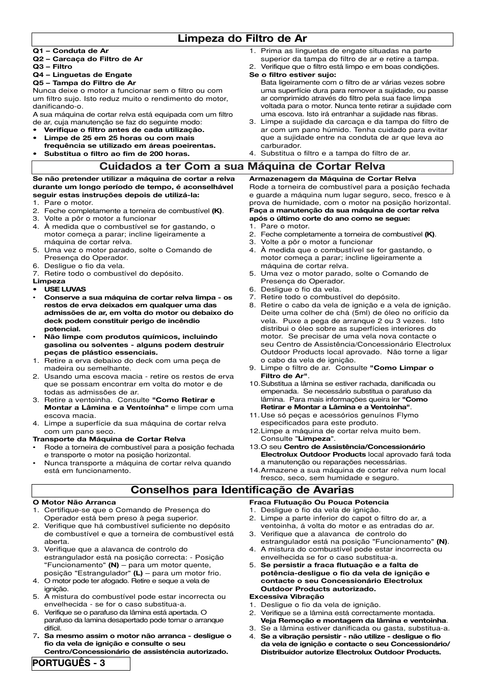 Cuidados a ter com a sua máquina de cortar relva, Limpeza do filtro de ar, Conselhos para identificação de avarias | Português - 3 | Flymo XL550 User Manual | Page 34 / 40