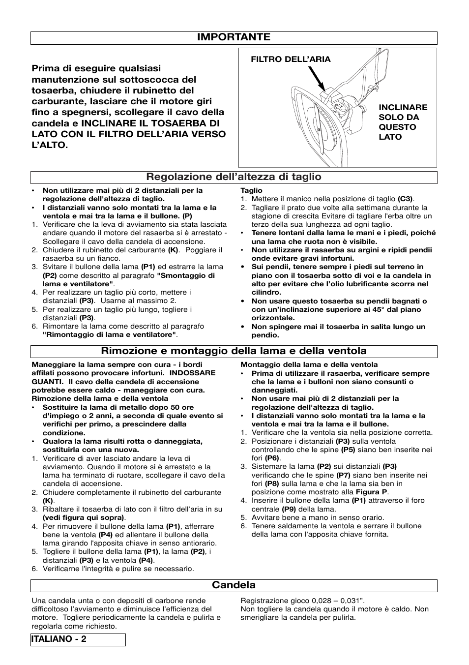Regolazione dell’altezza di taglio, Rimozione e montaggio della lama e della ventola, Importante | Candela, Italiano - 2 | Flymo XL550 User Manual | Page 36 / 40