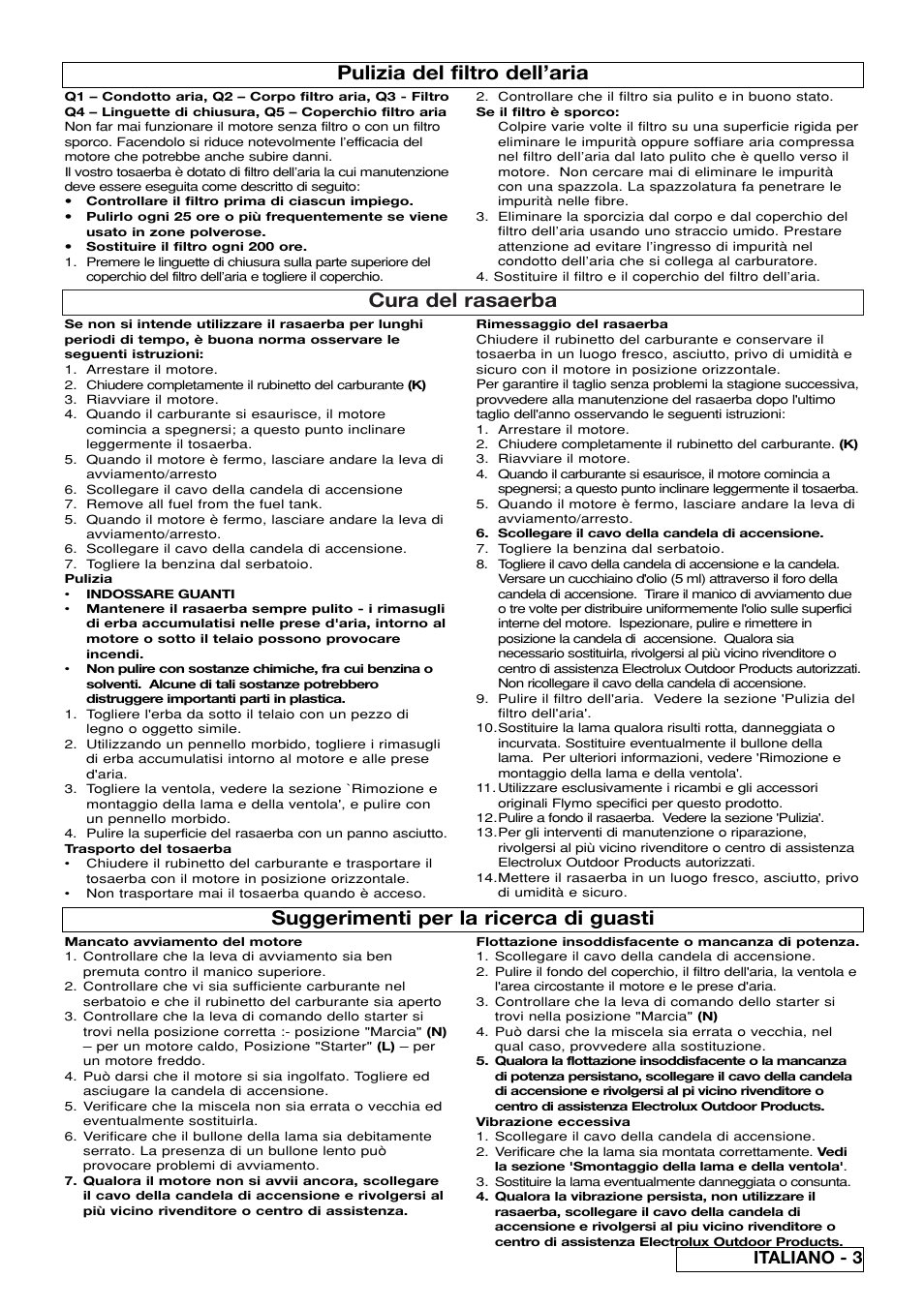 Cura del rasaerba, Pulizia del filtro dell’aria, Suggerimenti per la ricerca di guasti | Italiano - 3 | Flymo XL550 User Manual | Page 37 / 40
