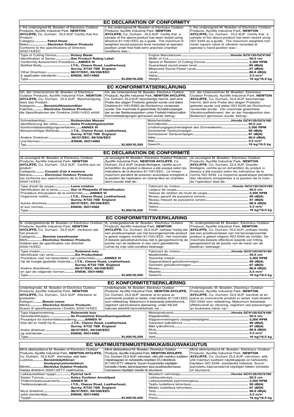 Ec declaration of conformity, Ec konformitätserklärung, Ec konformitetserklæring | Ec vaatimustenmustenmukaisuusvakuutus | Flymo XL550 User Manual | Page 38 / 40
