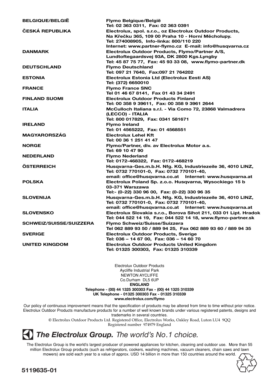 The electrolux group. the world’s no.1 choice | Flymo XL550 User Manual | Page 40 / 40