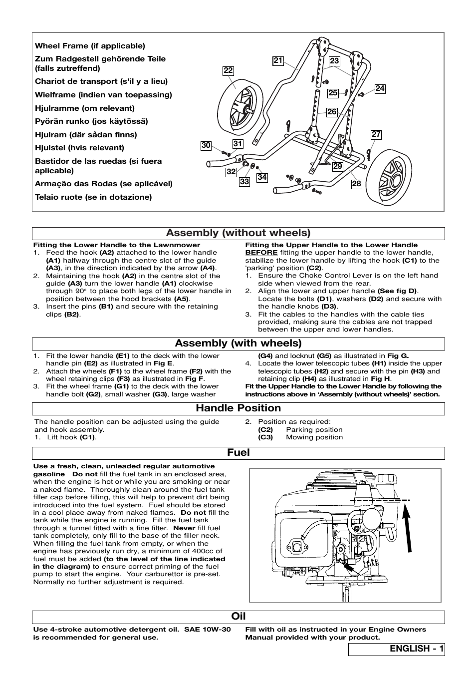 Assembly (without wheels), Assembly (with wheels) fuel, Handle position oil | English - 1 | Flymo XL550 User Manual | Page 5 / 40