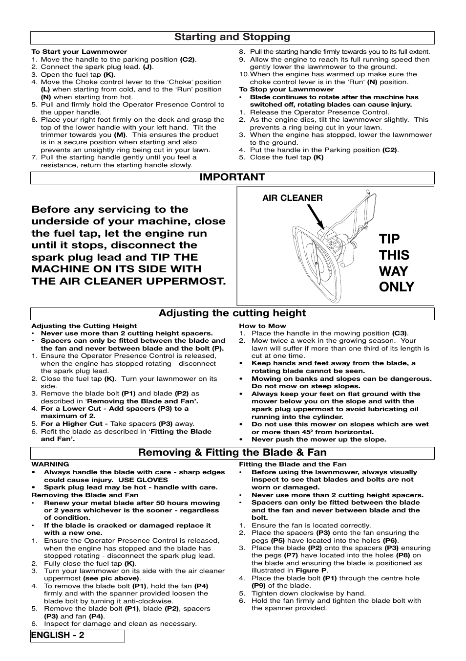 Tip this way only, Starting and stopping, Adjusting the cutting height | Removing & fitting the blade & fan, Important, Air cleaner, English - 2 | Flymo XL550 User Manual | Page 6 / 40