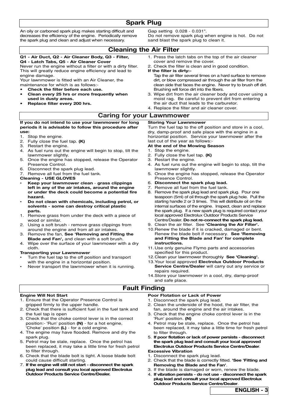 Caring for your lawnmower, Cleaning the air filter, Fault finding | Spark plug, English - 3 | Flymo XL550 User Manual | Page 7 / 40