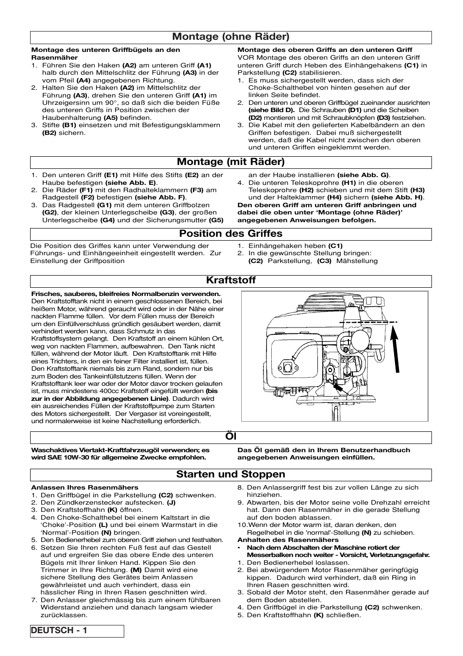 Montage (ohne räder), Montage (mit räder) kraftstoff, Position des griffes starten und stoppen | Deutsch - 1 | Flymo XL550 User Manual | Page 8 / 40