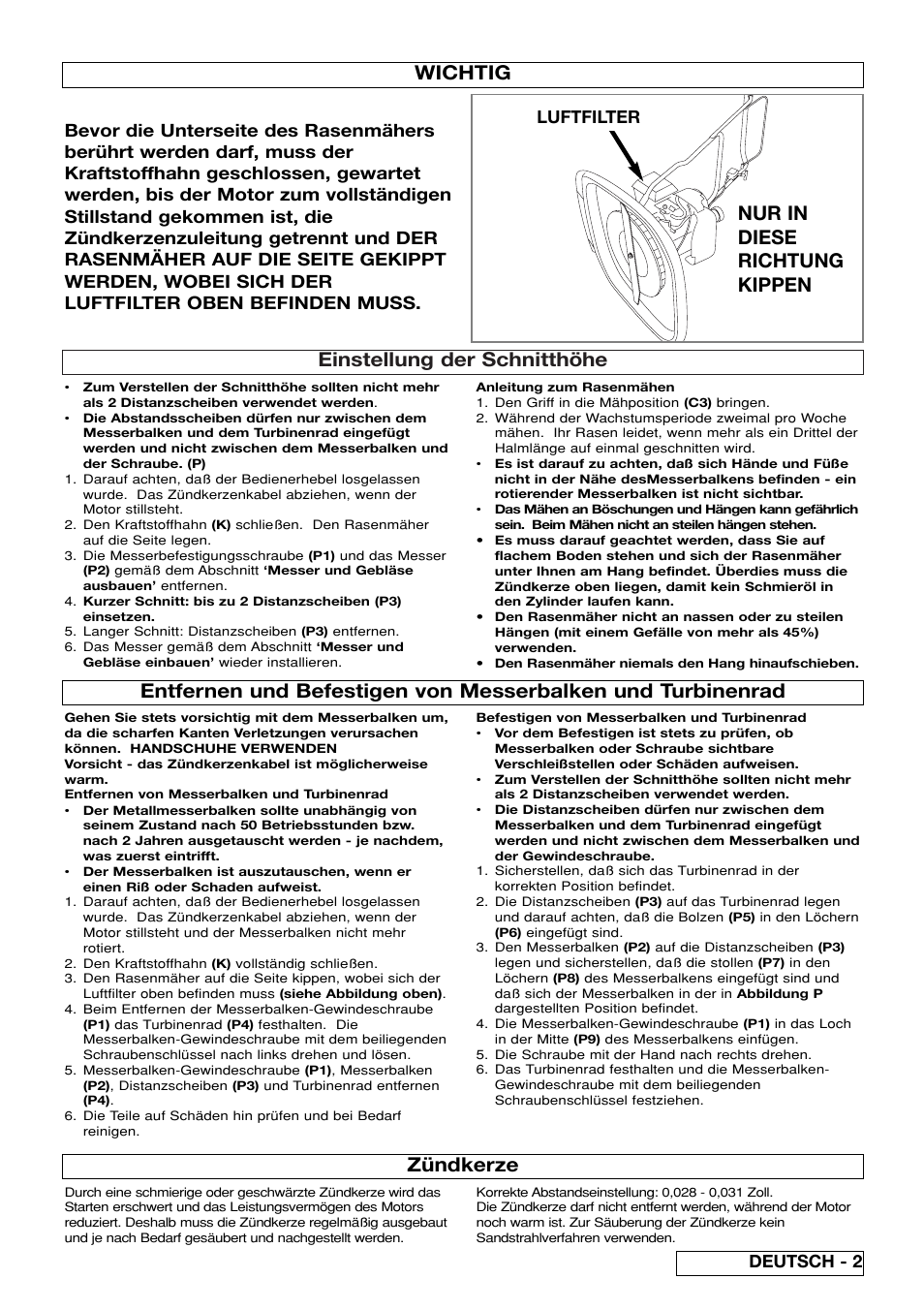 Einstellung der schnitthöhe, Nur in diese richtung kippen, Wichtig | Zündkerze, Luftfilter, Deutsch - 2 | Flymo XL550 User Manual | Page 9 / 40