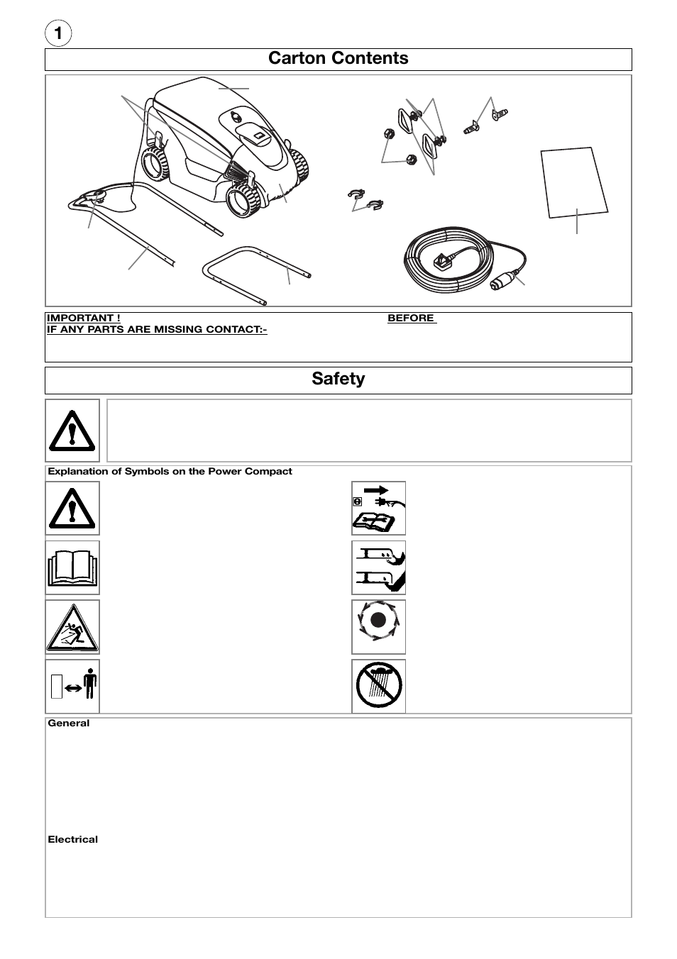 Carton contents, Safety, 1carton contents | Flymo Electrolux Power Compact User Manual | Page 2 / 8