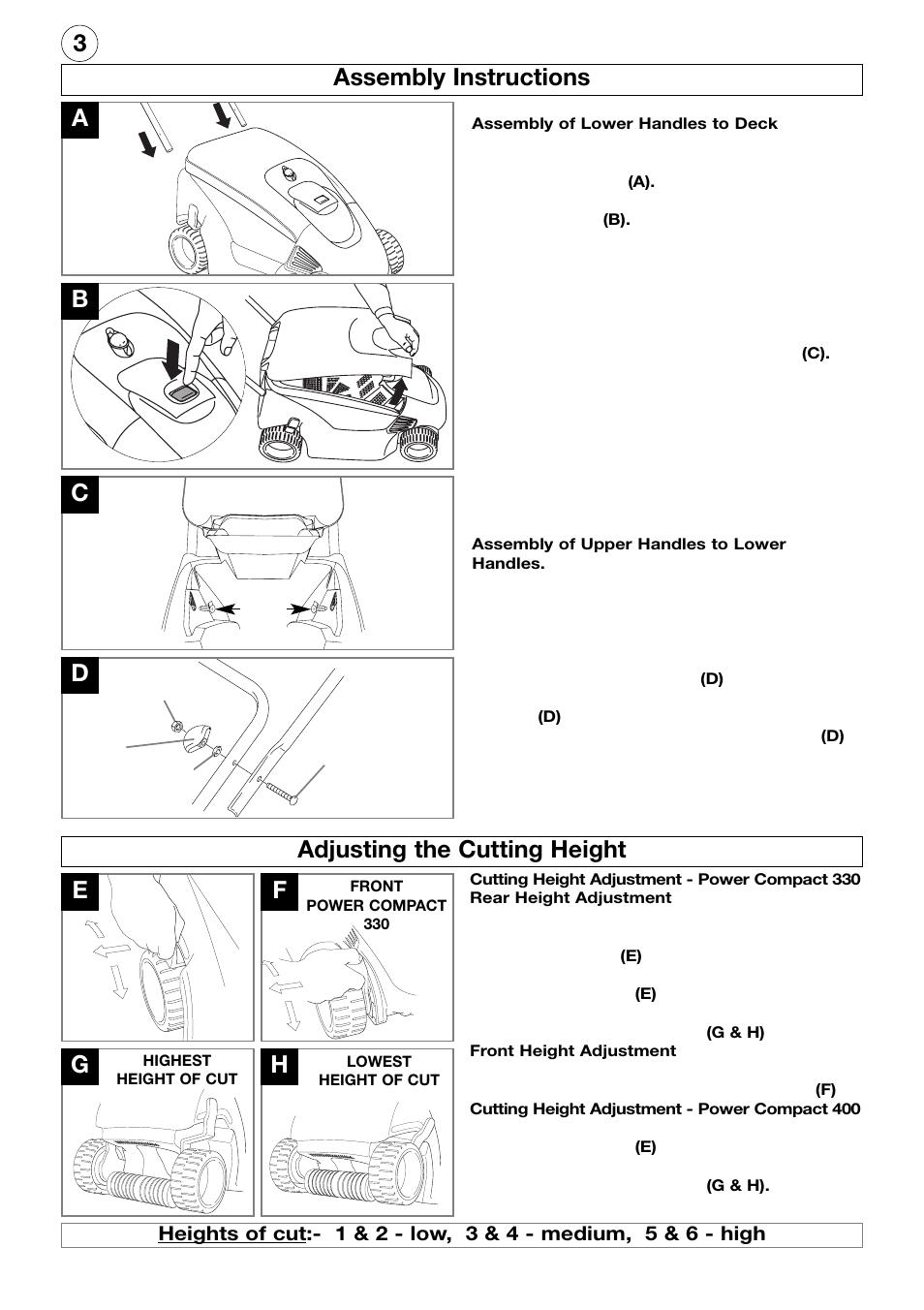 Assembly instructions, Adjusting the cutting height, 3a c | Assembly instructions b | Flymo Electrolux Power Compact User Manual | Page 4 / 8