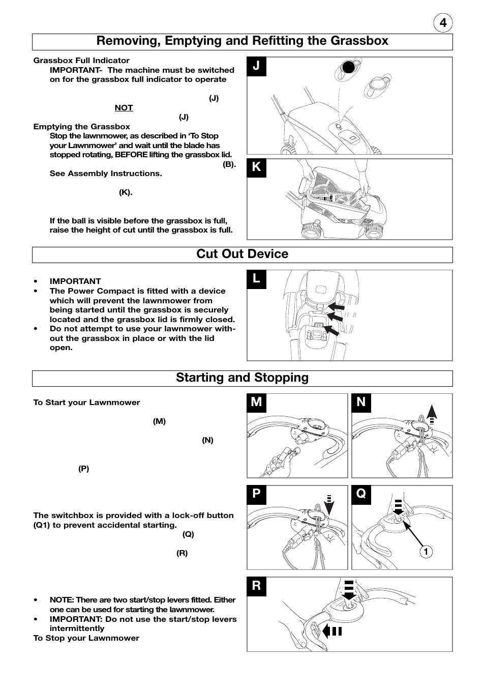Removing, emptying and refitting the grassbox, Cut out device, Starting and stopping | Jk cut out device l, Mn r starting and stopping | Flymo Electrolux Power Compact User Manual | Page 5 / 8