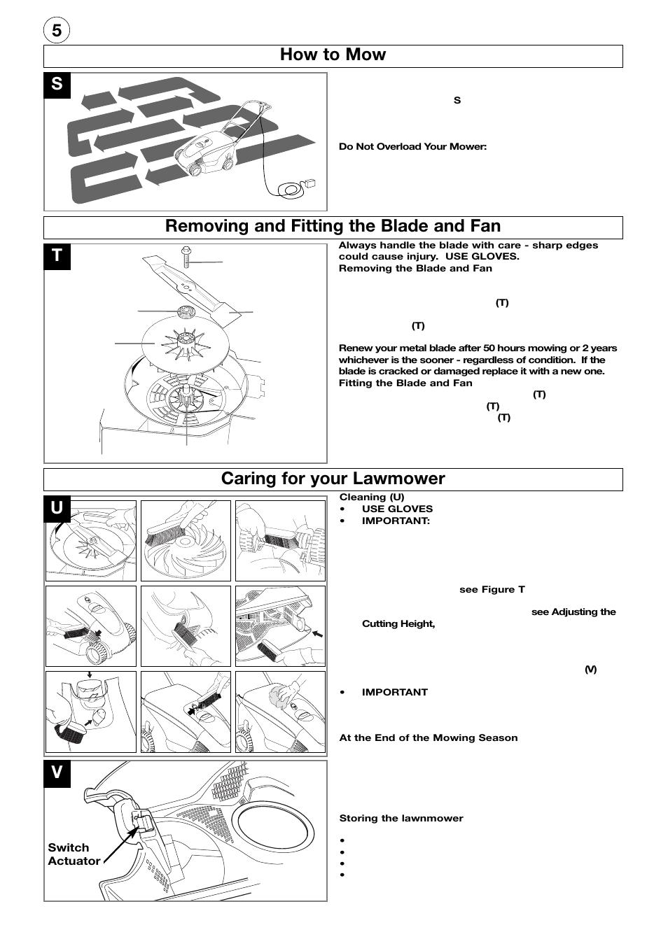 How to mow, Removing and fitting the blade and fan, Caring for your lawmower | 5how to mow s, Removing and fitting the blade and fan t | Flymo Electrolux Power Compact User Manual | Page 6 / 8