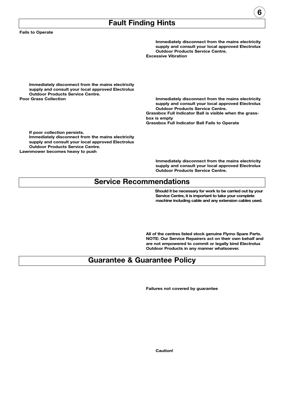 Fault finding hints, Service recommendations, Guarantee & guarantee policy | 6fault finding hints | Flymo Electrolux Power Compact User Manual | Page 7 / 8