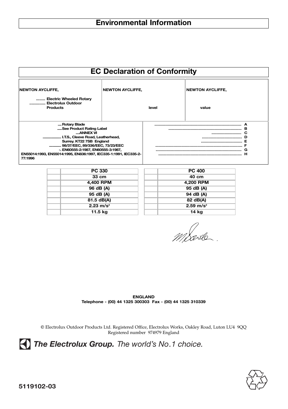 Environmental information, Ec declaration of conformity, The electrolux group. the world’s no.1 choice | Flymo Electrolux Power Compact User Manual | Page 8 / 8