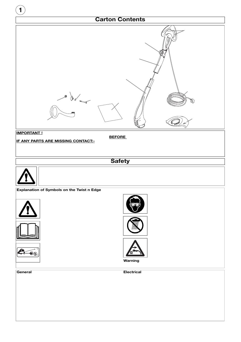 Carton contents, Safety | Flymo Twist n Edge Trimmer User Manual | Page 2 / 8