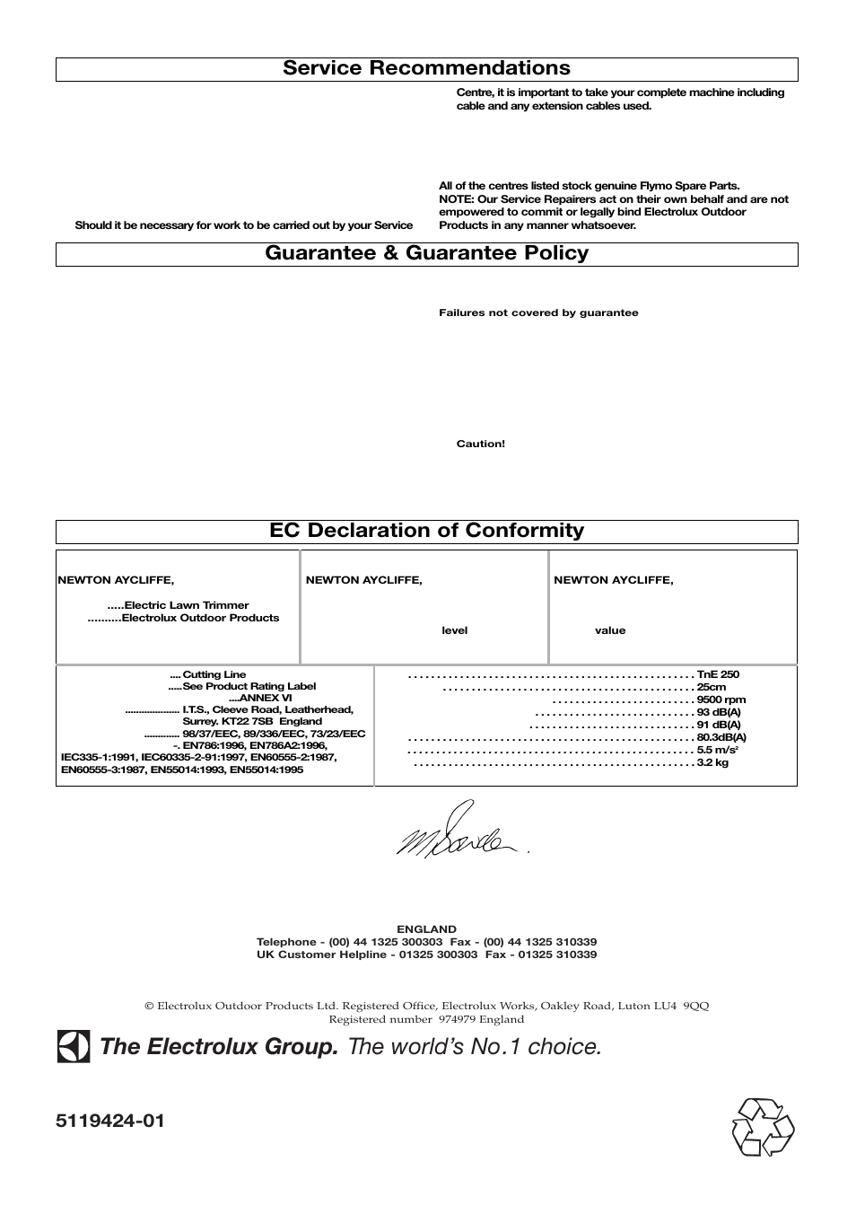 The electrolux group. the world’s no.1 choice, Guarantee & guarantee policy | Flymo Twist n Edge Trimmer User Manual | Page 8 / 8