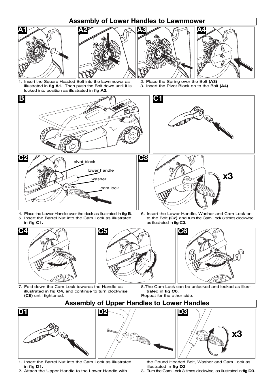 Assembly of lower handles to lawnmower, Assembly of upper handles to lower handles, A4 c4 d3 | Flymo Pac a Mow User Manual | Page 4 / 9