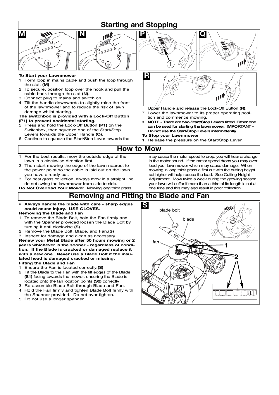 Starting and stopping, How to mow, Removing and fitting the blade and fan | Flymo Pac a Mow User Manual | Page 6 / 9